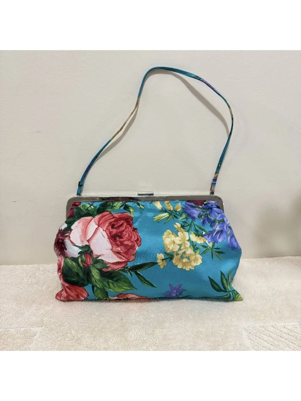 Dolce & Gabbana Blue Floral Satin Kiss Lock Evening Clutch Shoulder Bag Italy